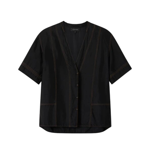 Lee Mathews Kline Shirt Top Blouse Womens 0 XS Black Short Sleeve Button Front - Picture 1 of 14